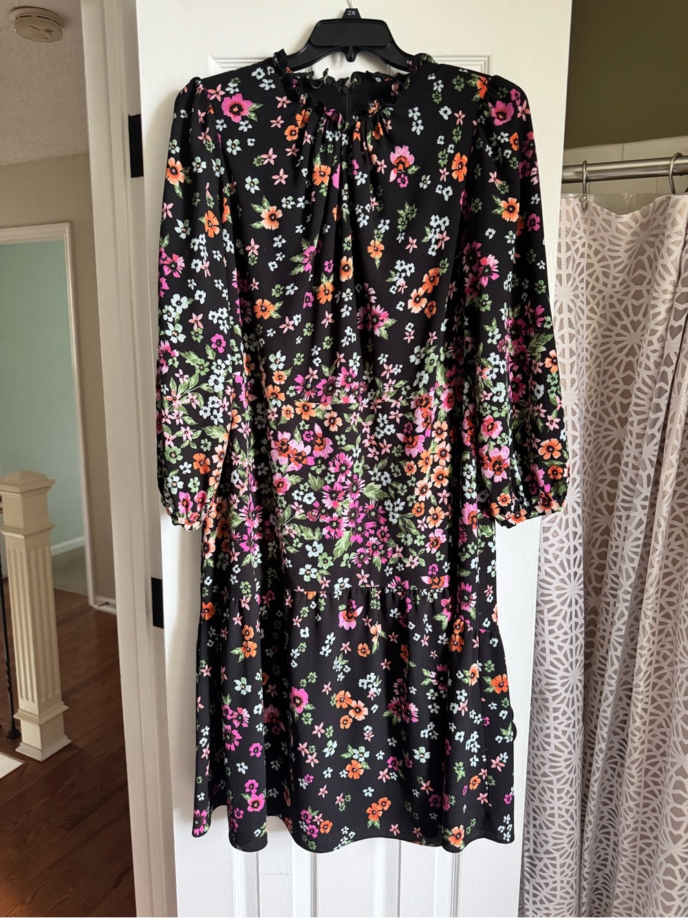 Maggy London Black Floral Long-Sleeve Midi Dress with Pink & Orange Blooms